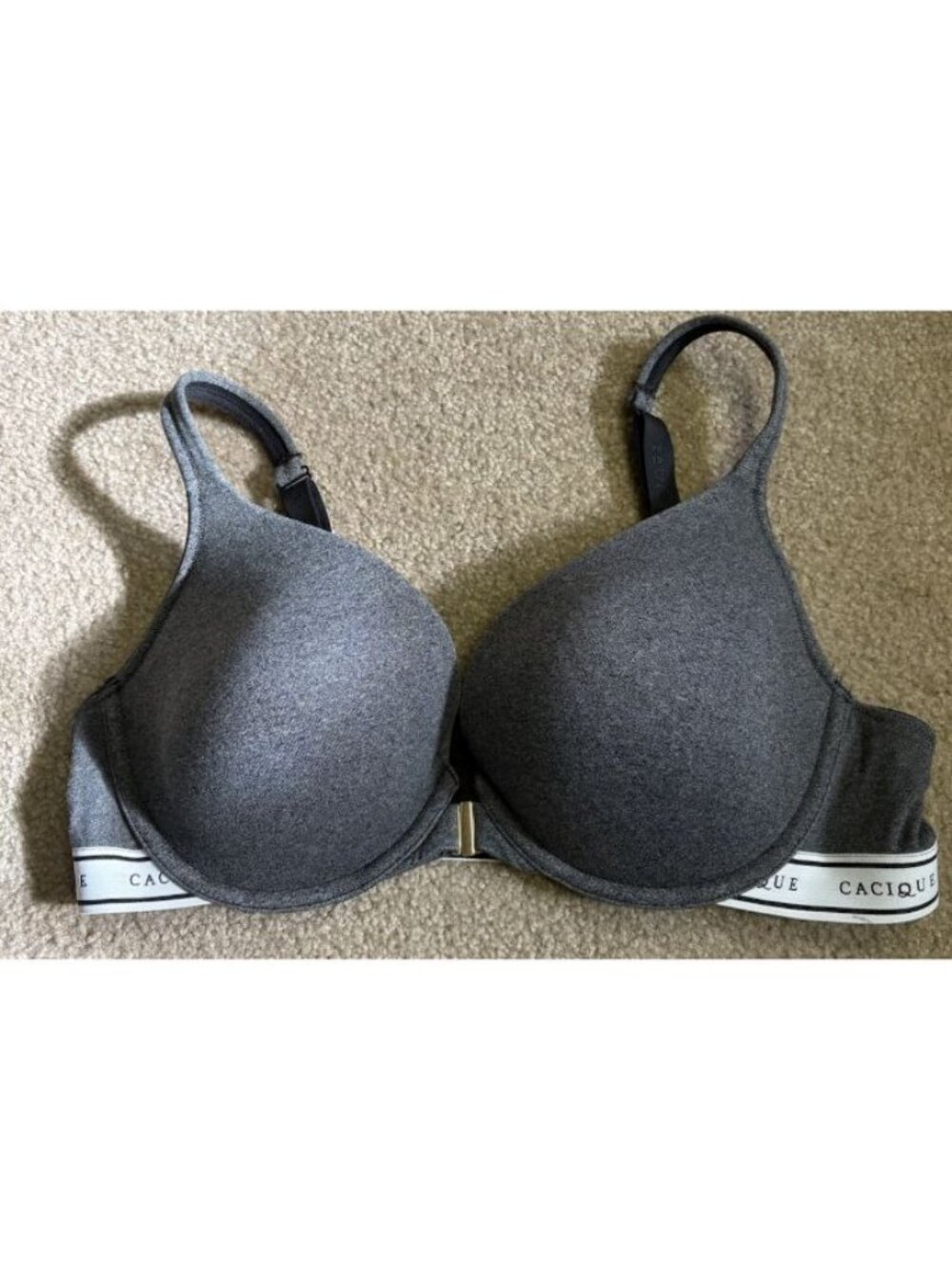 Cacique Boost Plunge Bra 42D Front Clasp Gray With Gray/White Band Underwire - Picture 2 of 5